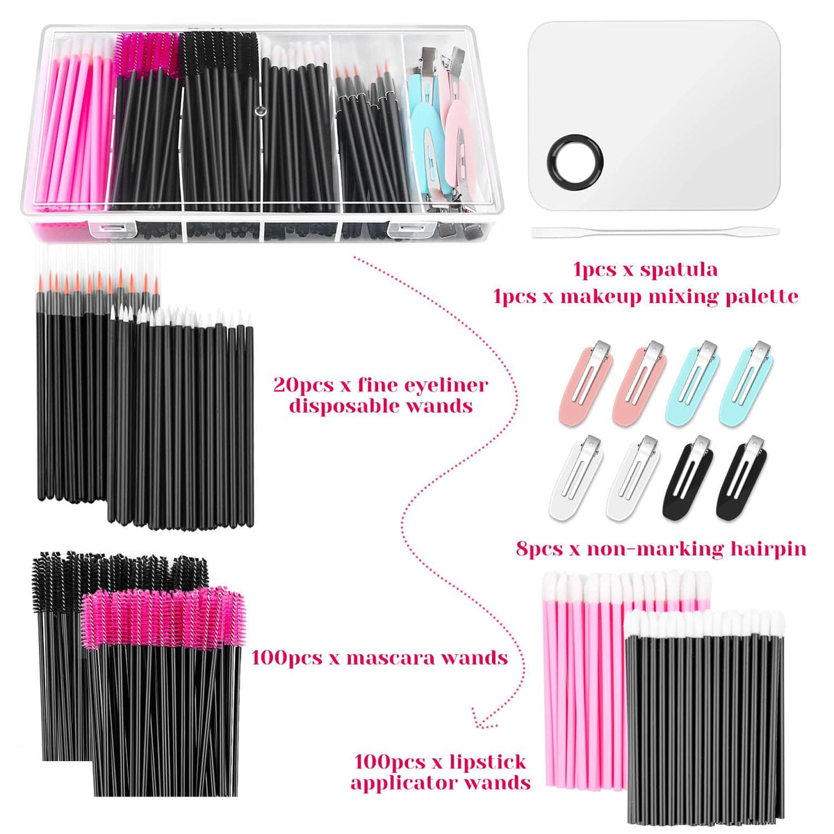 Shynek Makeup Mixing Tray with Disposable Accessories Kit - Mascara Wands, Lip Applicators, Hair