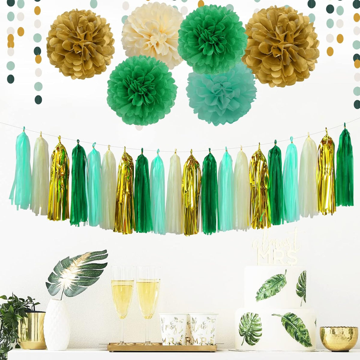 Sage-Green Beige-Gold Baby Bridal-Shower Decorations - 30pcs Rustic Wedding Tissue Pom Poms,Tassel