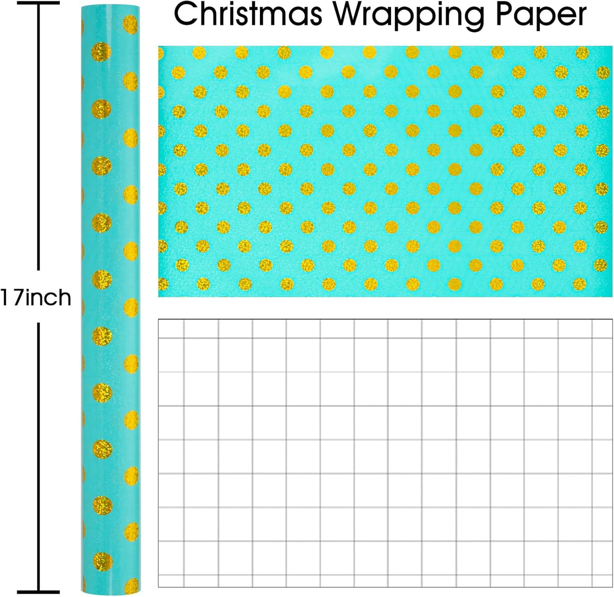 Burymento Blue Holographic Dots Wrapping Paper, Reversible Gold Gift Wrap for Birthday, Valentines