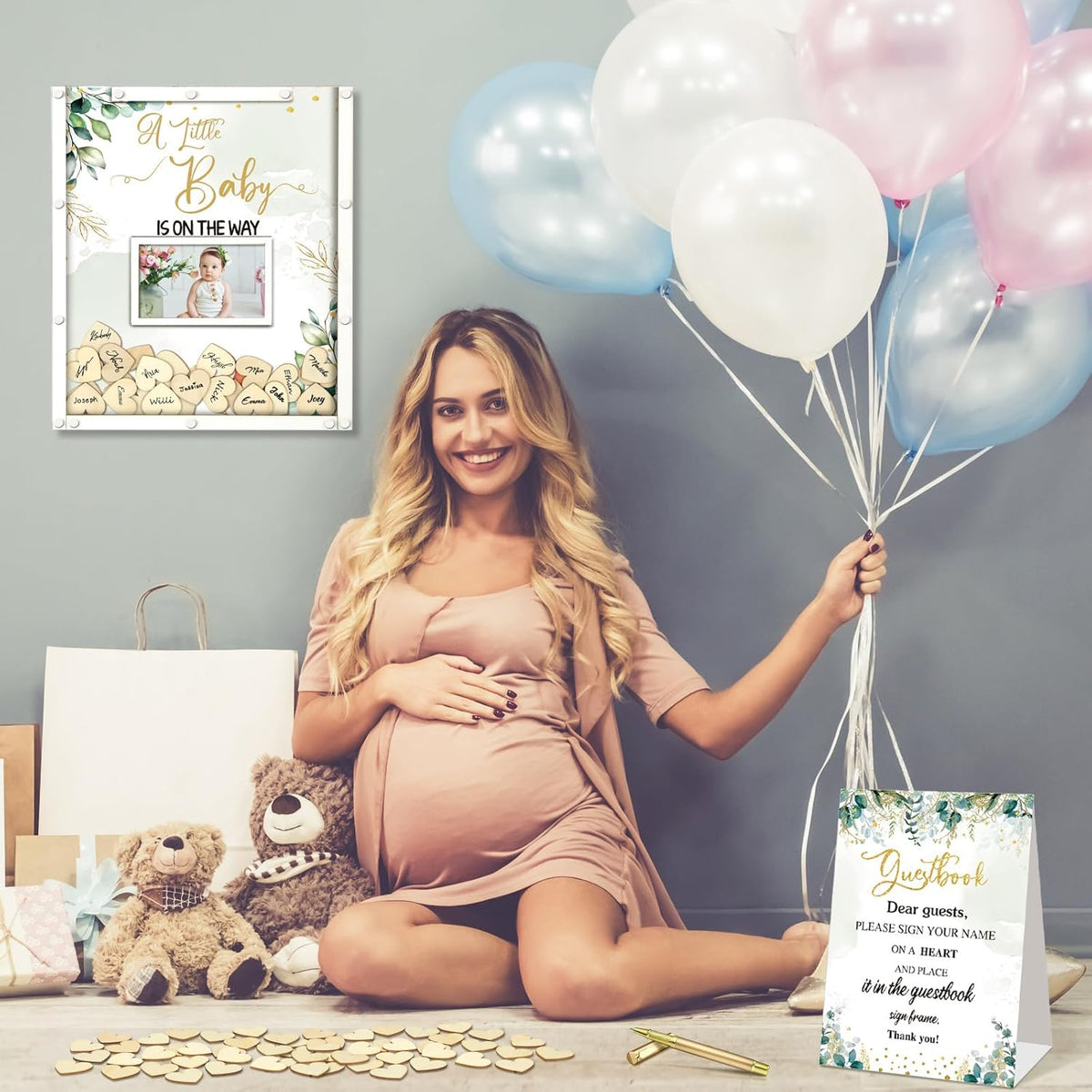 65 Pcs Greenery Baby Shower Guest Book Alternatives He or She Gender Reveal Decorations Sign in