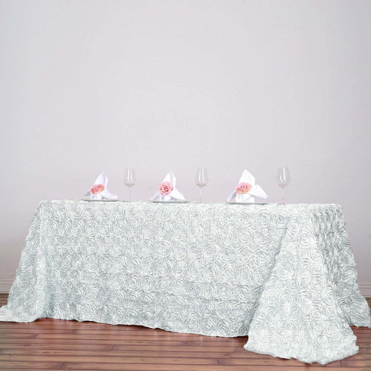 Efavormart 90"x132" Wholesale Rectangle Table Cover White Grandiose Rosette 3D Satin Tablecloth for
