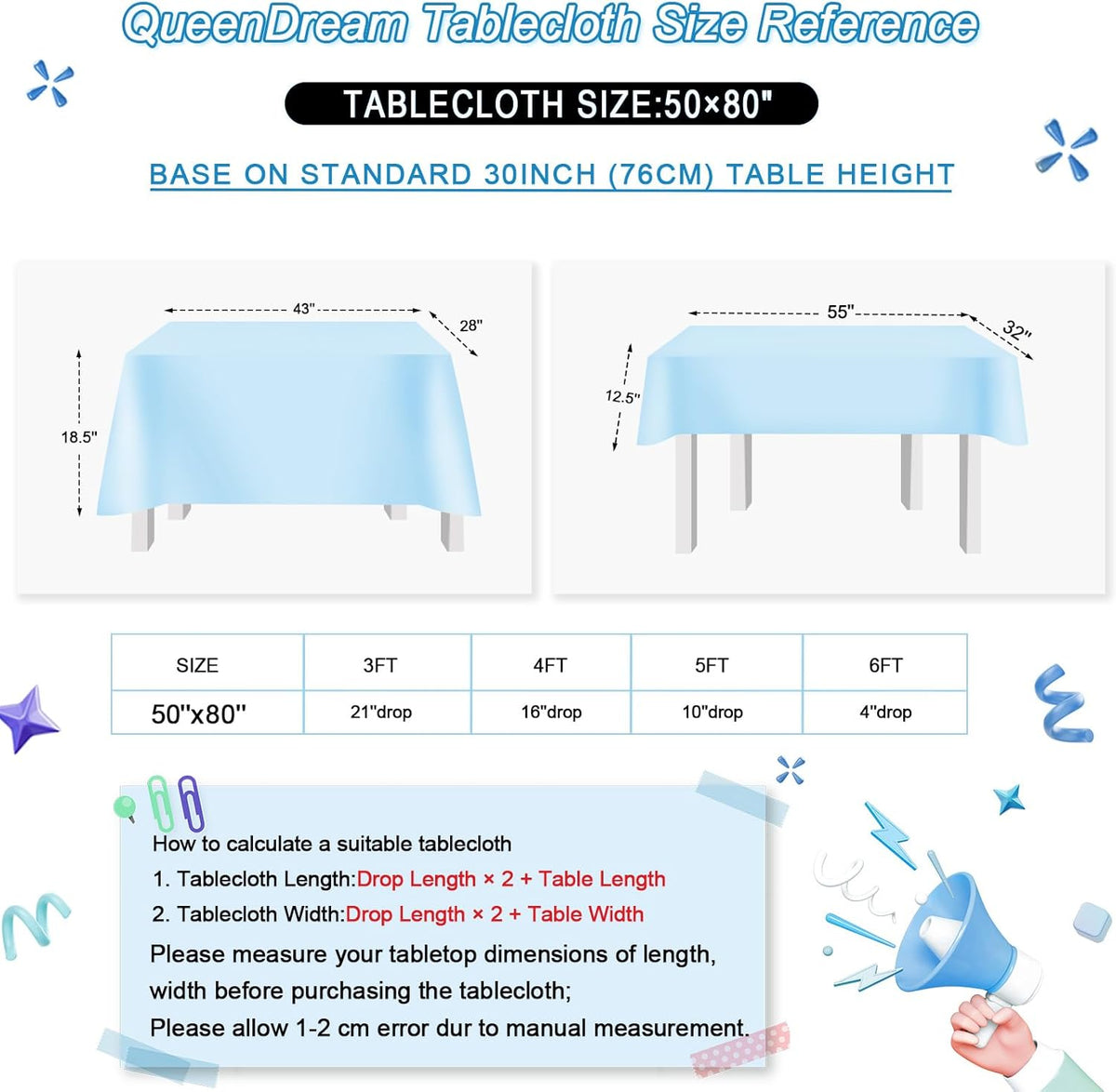 QueenDream Sparkly Sequin Tablecloth - Baby Blue Table Cloth 50x80 Inches Rectangle Table Overlay
