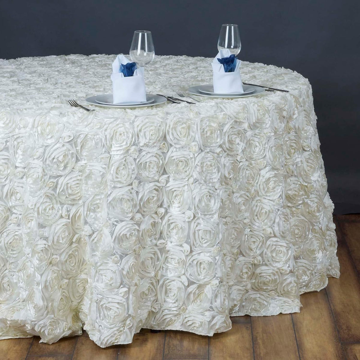 Efavormart 132" Wholesale Round Table Cover Ivory Grandiose Rosette 3D Satin Tablecloth for Wedding