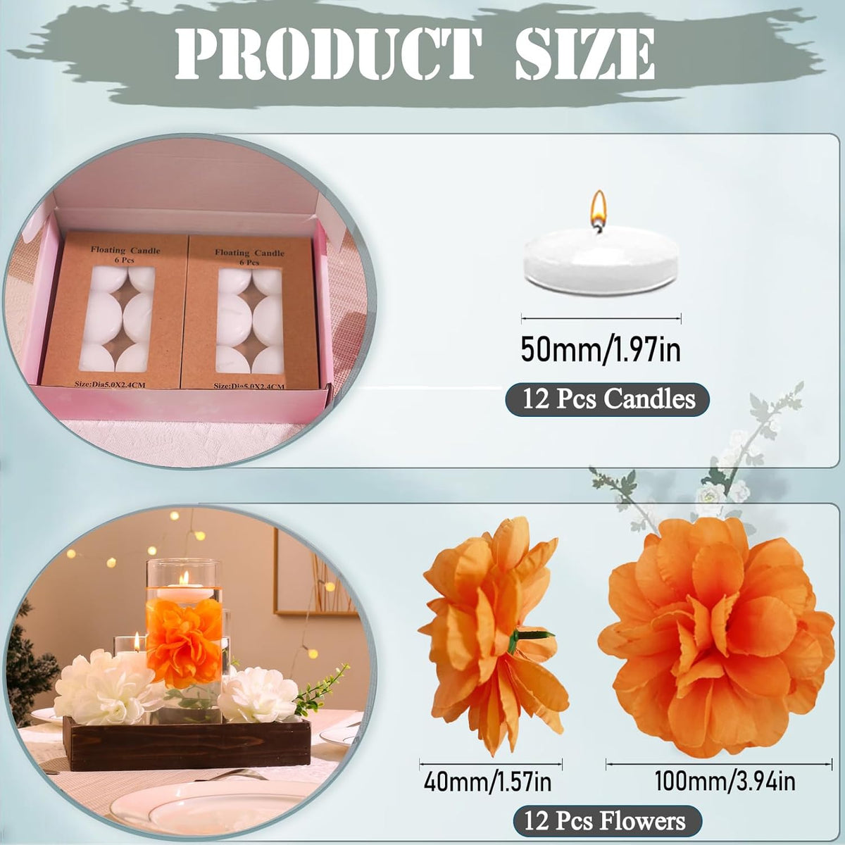 24 Pcs Floating Candles for Centerpieces and Floating Flowers Artificial Flowers Head Vase Filler