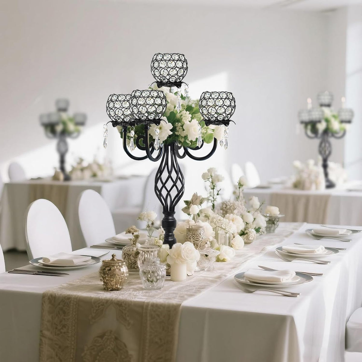 5-Arm Crystal Candelabra Centerpiece 23.2" Tall - Elegant Candle Holder Stand with Crystal Bowl