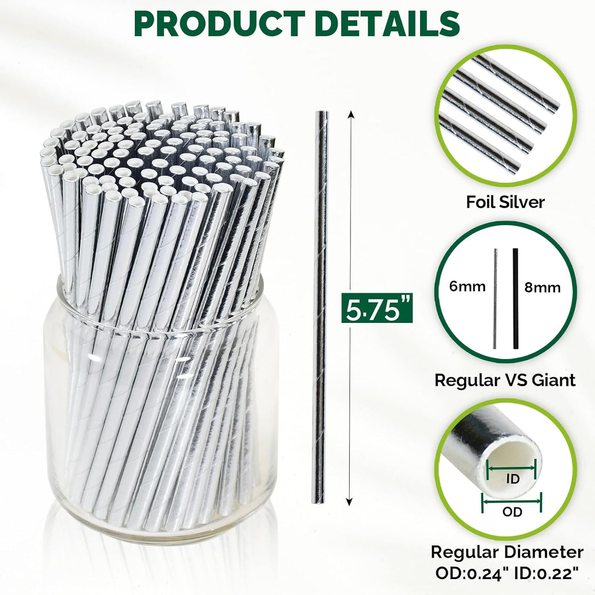 Chunsapk 5.75 inch Disposable Short Silver Paper Cocktail Straws, Stirring Straws 500 Counts - for