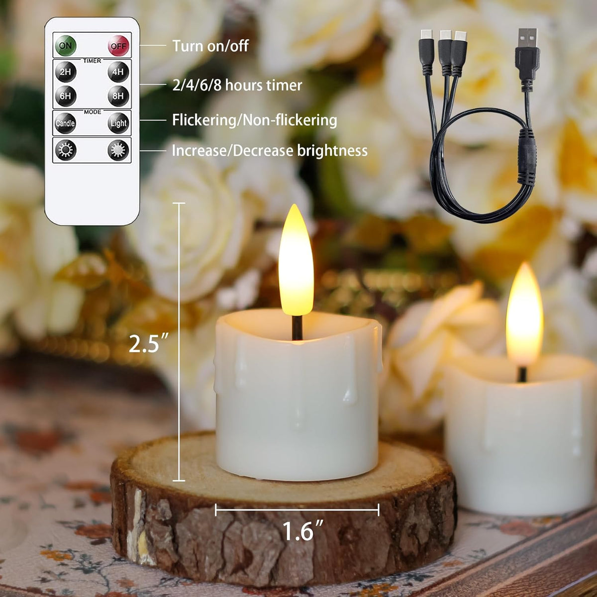 Rechargeable Flameless 1.6" x2.5" Tea Light Candles with Remote & Type-C Charging Cable, Timer LED