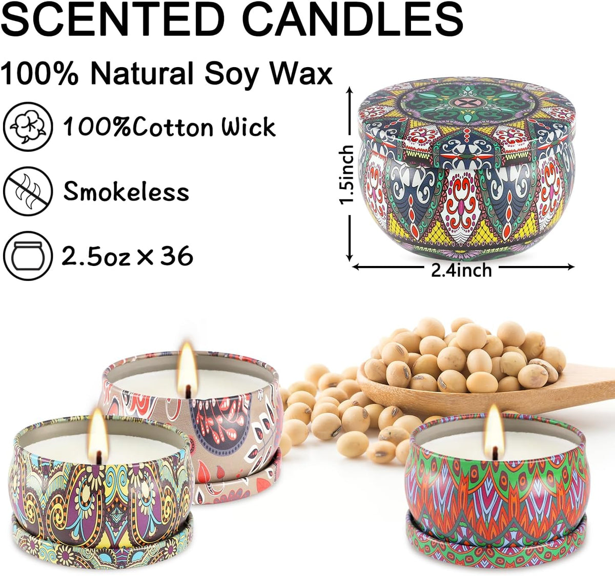 36 Pack Scented Candles Set for Home, Relaxing Stress Relief, Aromatherapy - Natural Soy Wax and