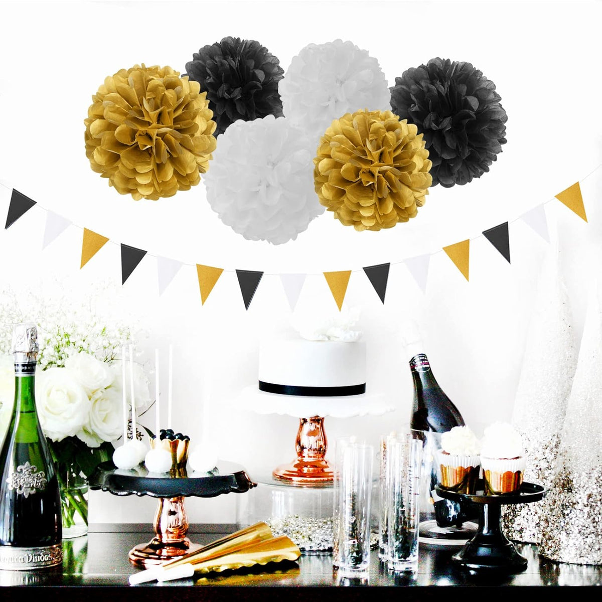 Black Gold Graduation Party Decorations - 23pcs Kits Farewell Tissue Pom Poms Flowers,Streamers