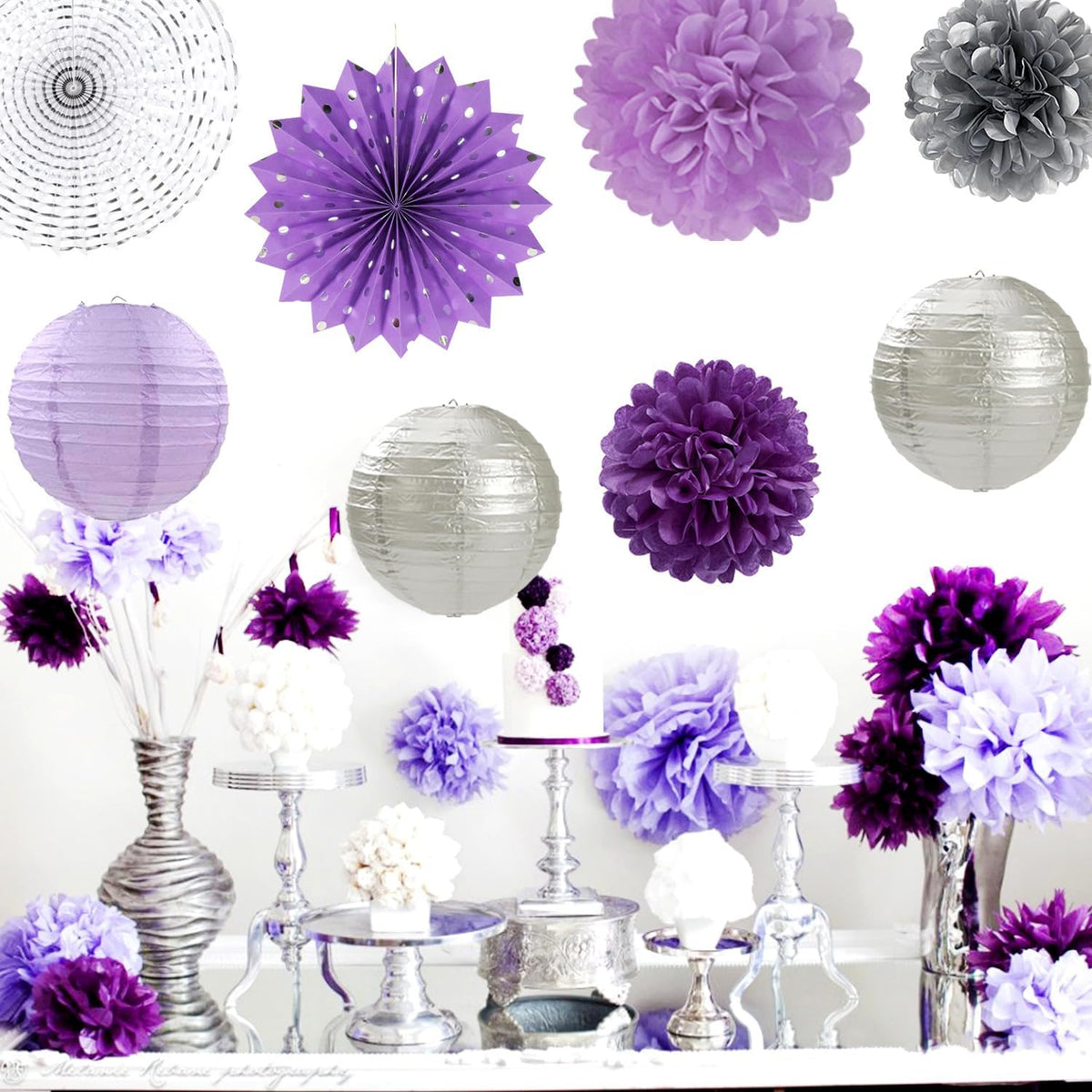 Purple Lilac-Lavender Silver Women Birthday Party-Decorations - 21pc Happy Banner,Paper Lanterns