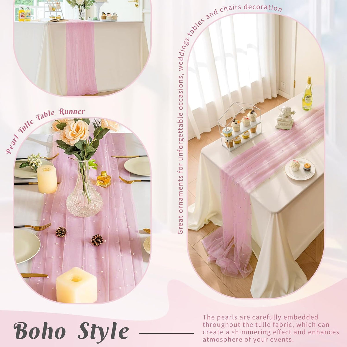 Pearl Table Runner 29 x 120 Inch Tulle Fabric Lace Table Runners Boho Rustic Tablecloth for Bridal