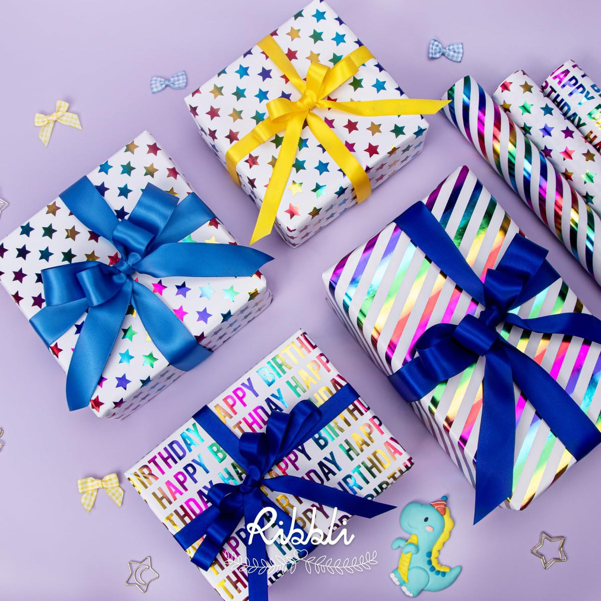 Ribbli Birthday Wrapping Paper 30 Inch Iridescent Gift Wrapping Paper 4 Rolls Happy Birthday Polka