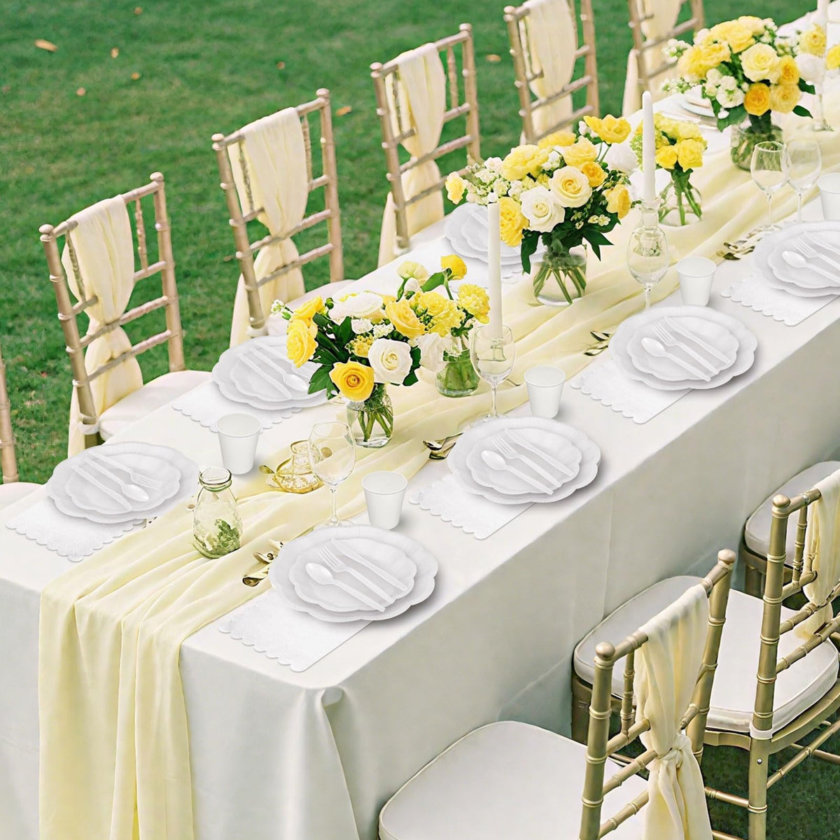 350 Pcs White Party Supplies Include Scalloped Paper Plates and Napkins