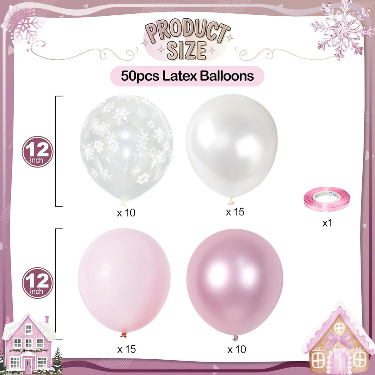 Pink Winter Wonderland Balloons, 50 Pcs 12 Inch Pearl White Balloons Pastel Metallic Pink Balloon