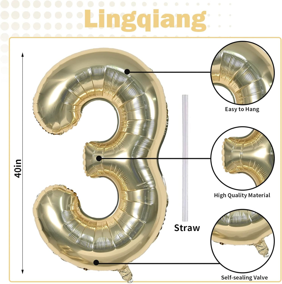 Champagne Gold Number 3 Balloons, 40 Inch Giant Light Gold Helium Foil Number 0-9 for Girls, Self