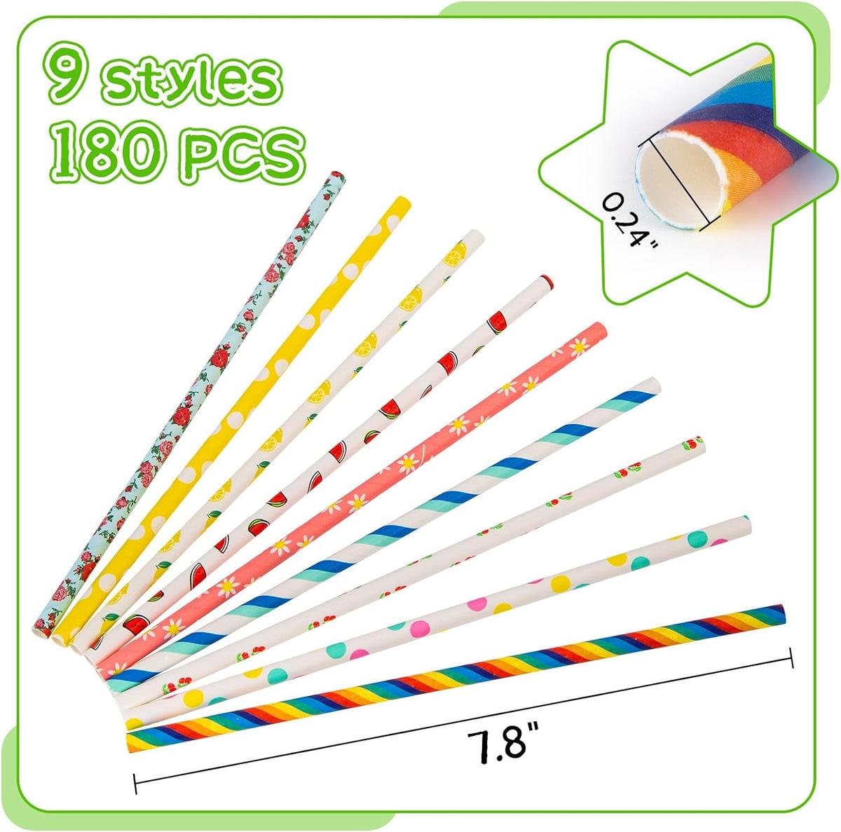 HAKACC 180PCS Paper Straws for Drinking, 9 Different Patterns Party Straws Disposable Drinking