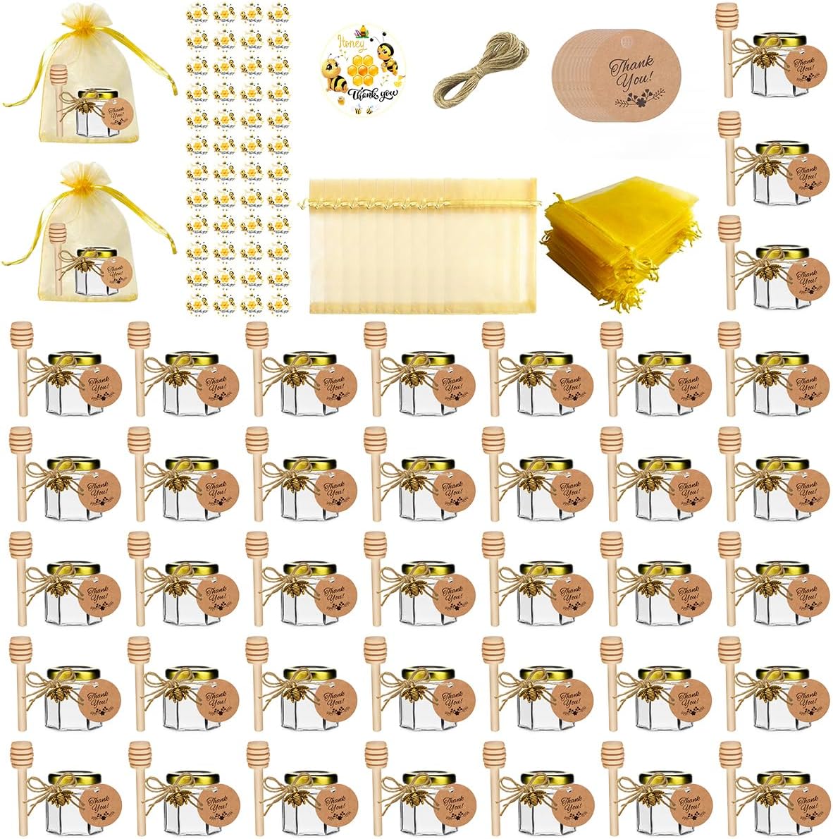 IIKUM 40 Pack Glass Honey Jars, 1.5 oz Hexagon Honey Pots with Lids, Dippers, Bee Pendants, Gift