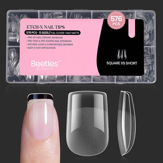 Beetles Short Square Nail Tips: 576PCS 12 Sizes XS Short Square Half Matte Clear False Acrylic