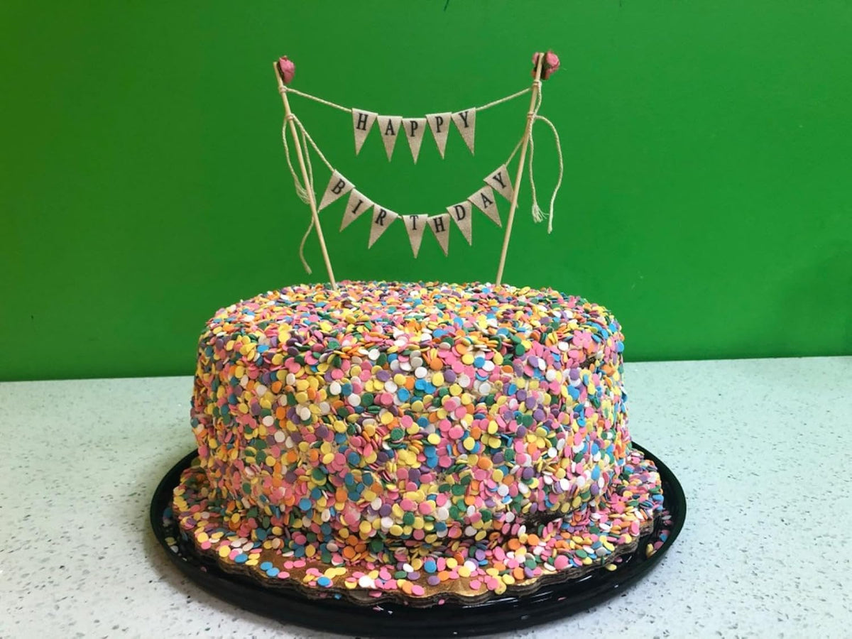 Happy Birthday Cake Bunting Topper Cake Topper Garland, Handmade Pennant Flags with Wood Pole Ivory
