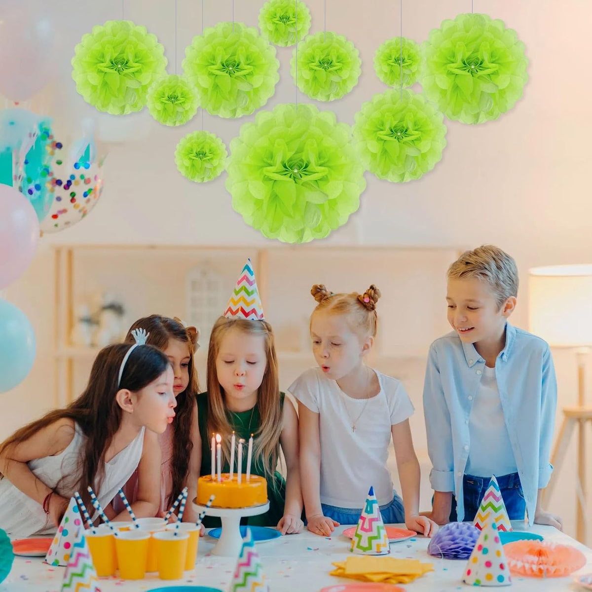 Tissue Paper Pom Poms, Bright Green Tissue Paper Flowers, Hanging Flower Balls for Weddings Fiesta