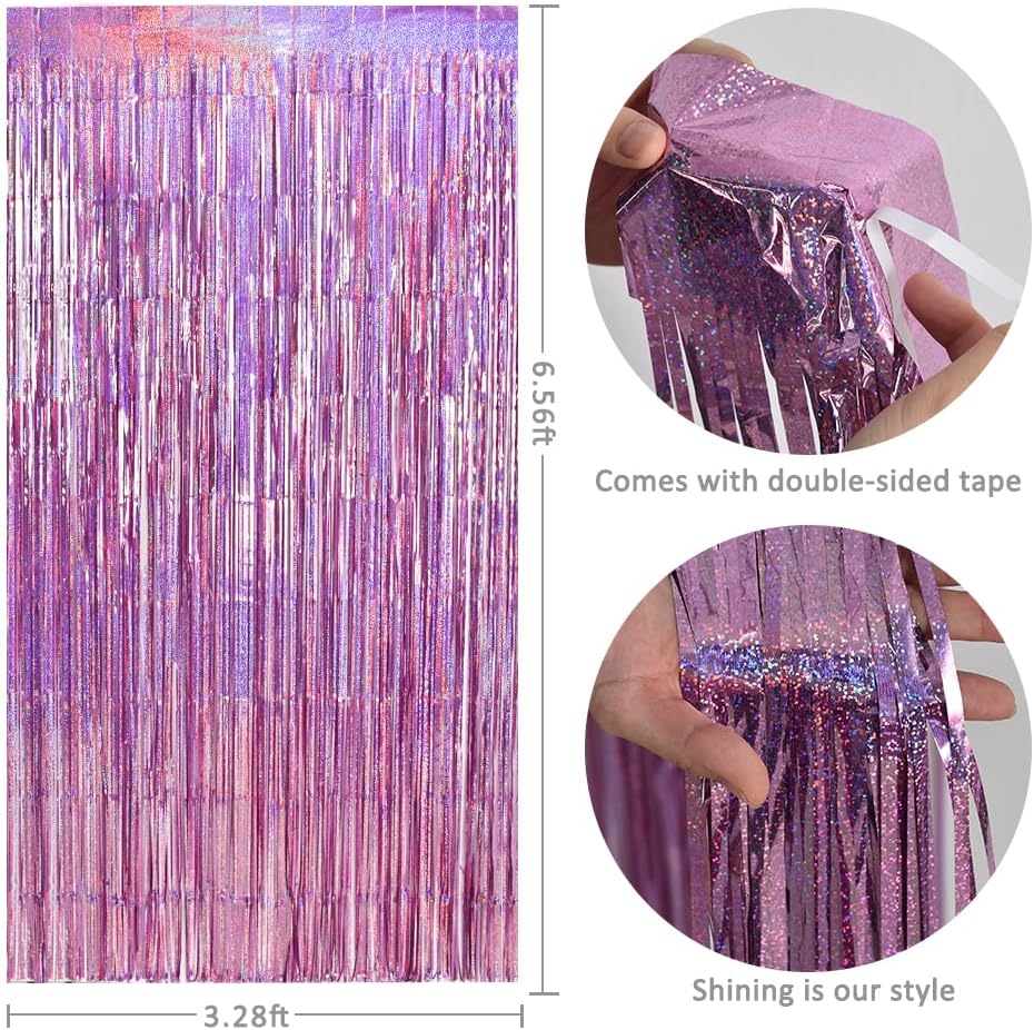TONIFUL 3Pcs Laser Light Pink Door Streamers,Laser Pink Photo Booth Backdrop Metallic Streamers