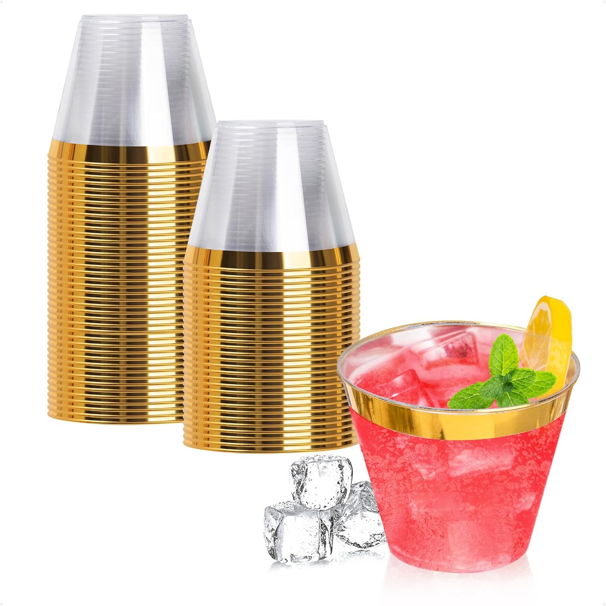 Goodluck 50PCS 9oz Gold Disposable Cups, Plastic Cups with Gold Rim, Cocktail Cups for Wedding