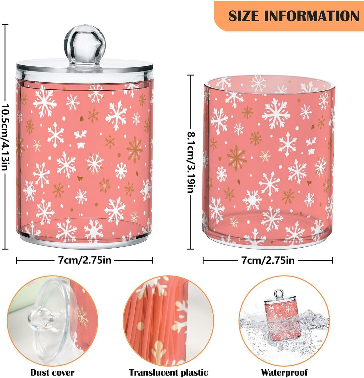 Gredecor 2 Pack Qtip Holder Clear Christmas Golden Pink Snowflakes Apothecary Jars with Lids