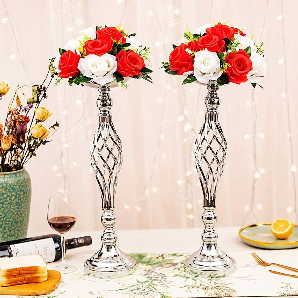 LANLONG 10pcs Metal Silver Candle Holders Road Lead Table Centerpiece Stand Pillar Candlestick for