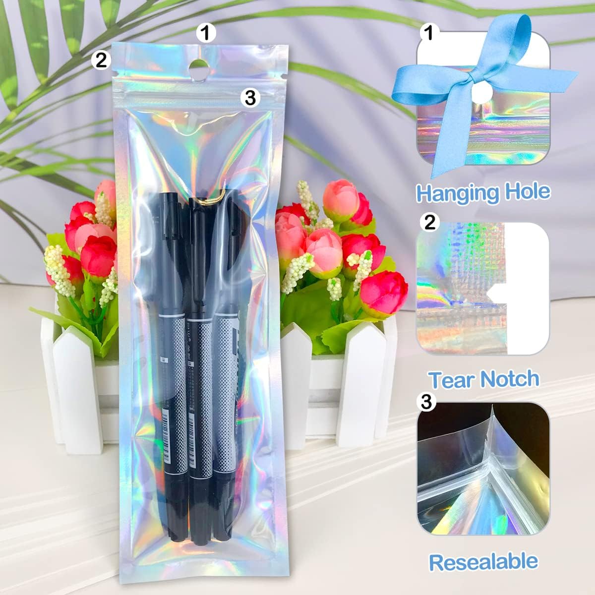 Resealable Foil Pouch Bag [100 PCS ] Great for Party Favor Food Storage (Holographic Color, 2.7 x