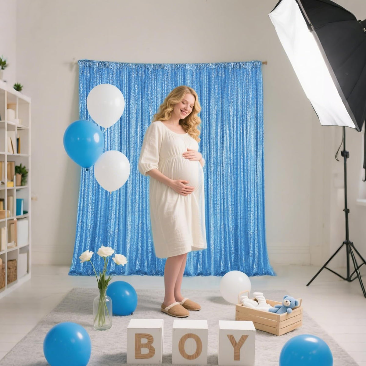 Blue Sequin Backdrop Curtain 2 Pieces 2FTx8FT Glitter Photography Backdrop for Party Wedding