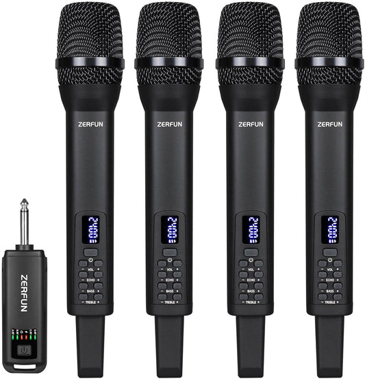 4 Rechargeable Wireless Microphones, Pro Handheld Cordless Mics System with Echo Treble BASS VOL
