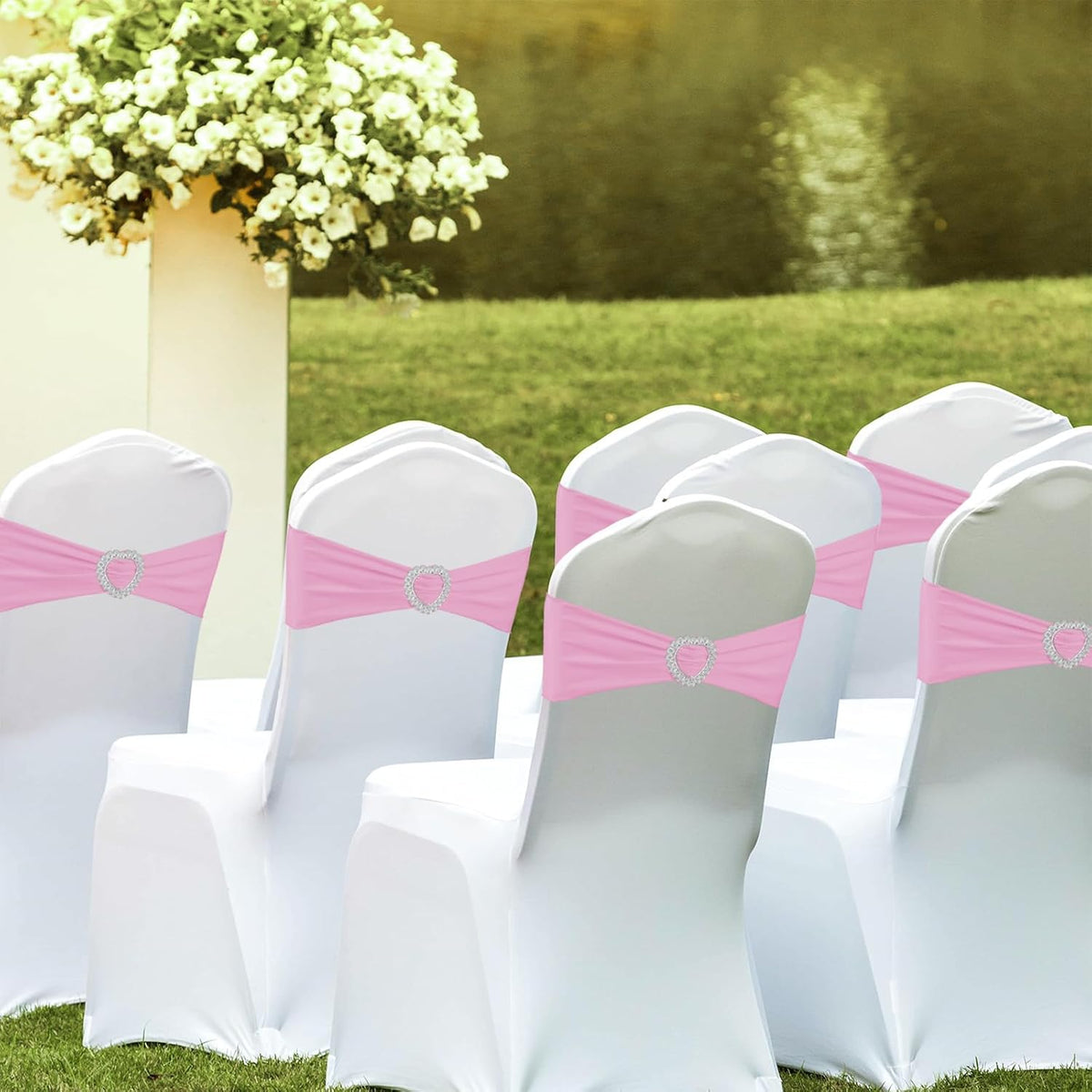 100PCS Spandex Stretch Chair Sashes Bows Universal Elastic Chair Cover Bands Ties with Buckle