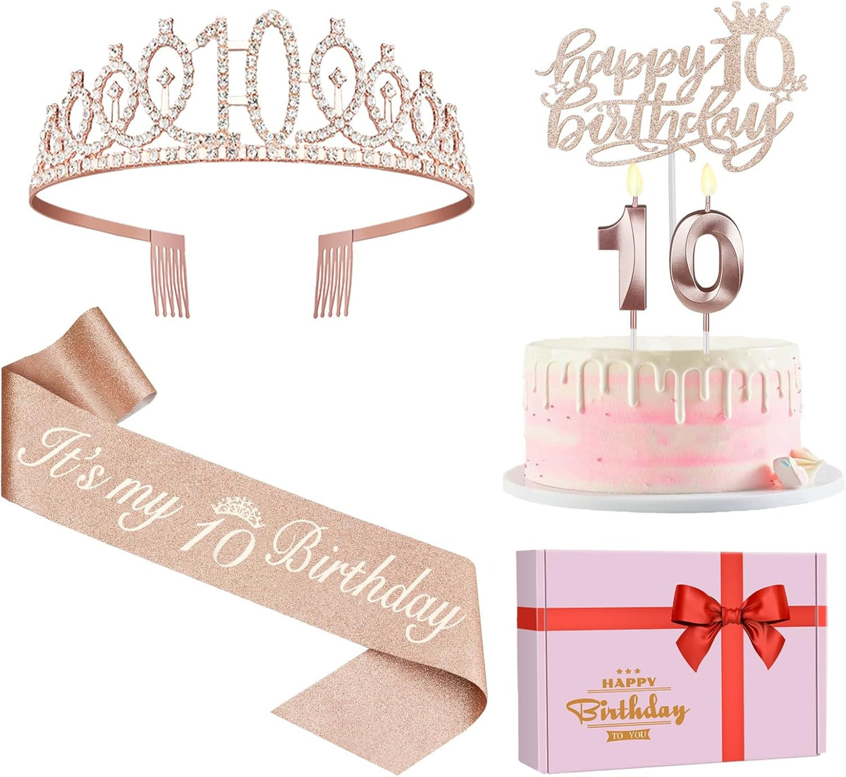 10th Birthday Decorations for Girls, Including Sash, Crown/Tiara, Candles, Cake Topper. 10th