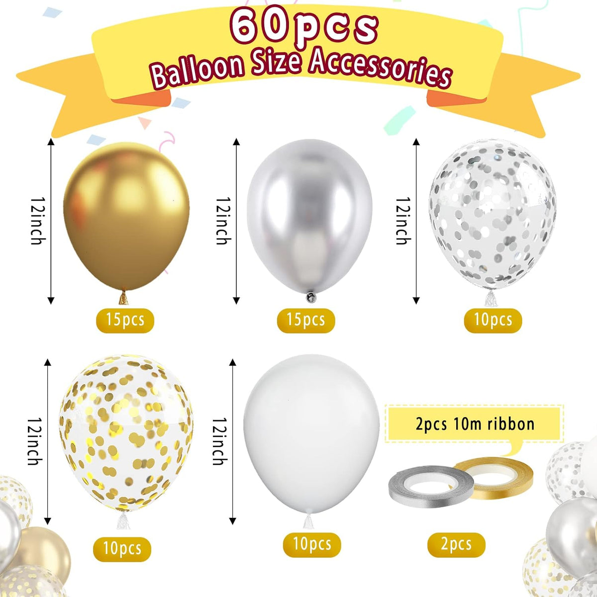 Paready Gold and Silver Latex Balloons, 60 Pcs 12 Inch Metallic Gold Silver and White Confetti