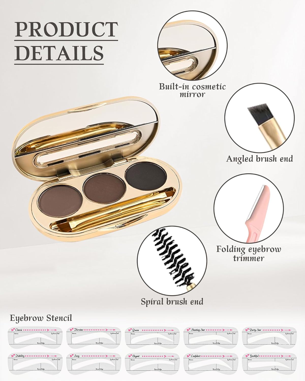 Waterproof Eyebrow Powder Kit - 3 Colors Long-Lasting Brow Powder Palette with Brush Razor &