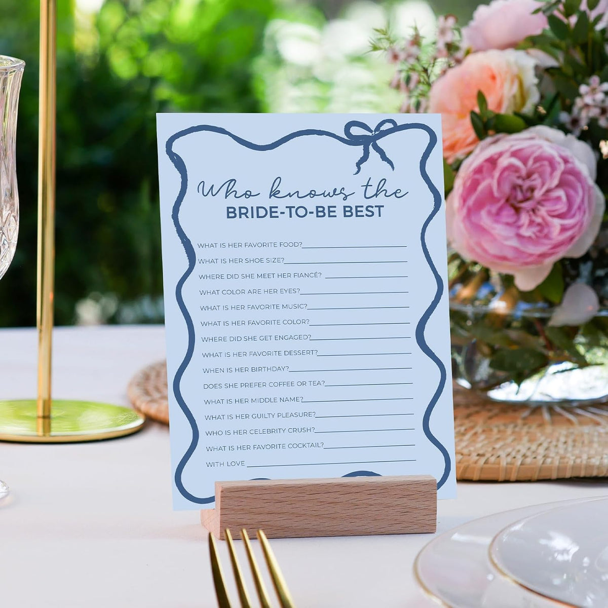 DEEKA 30 PCS Bridal Shower Games Card for 30 Guests Blue Wavy Border Ribbon Bow Funny Wedding