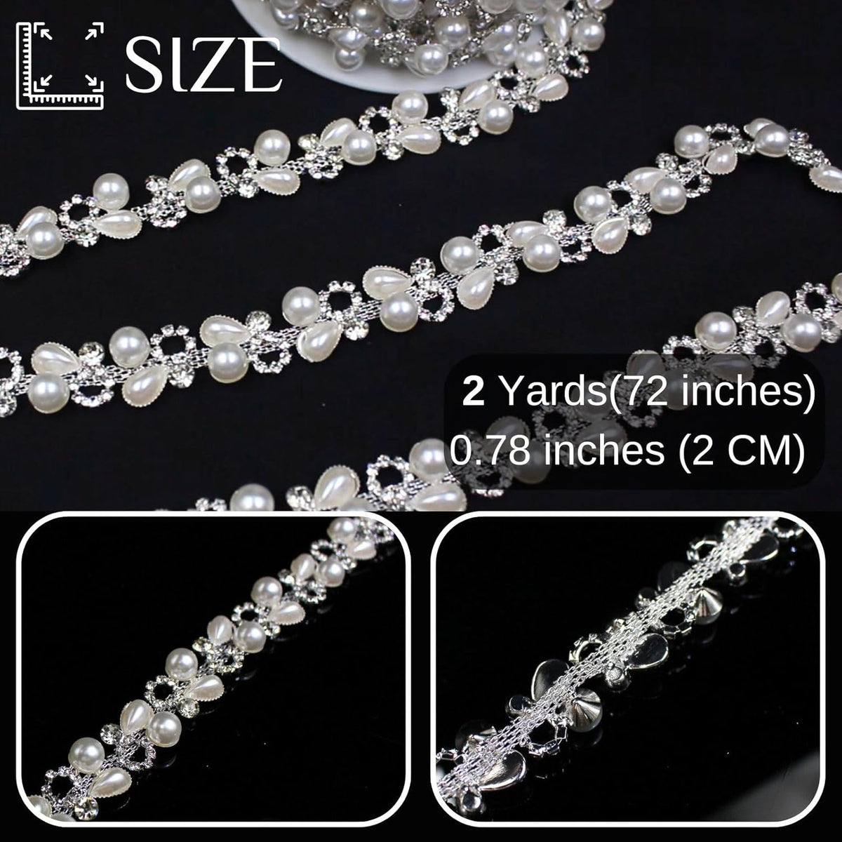 2 Yard Pearl Chain Silver Rhinestone Trim String Crystal Applique Fringe Ribbon Strips Beads Sewing