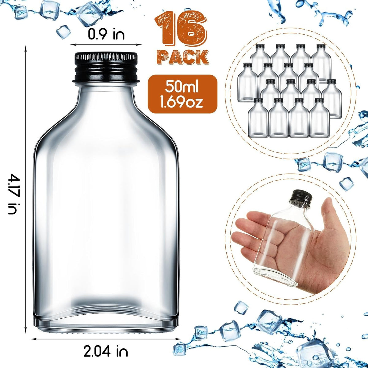 Patelai 16 Pcs Clear Glass Bottles with Caps Mini Glass Flask Liquor Bottles Empty Alcohol Shot