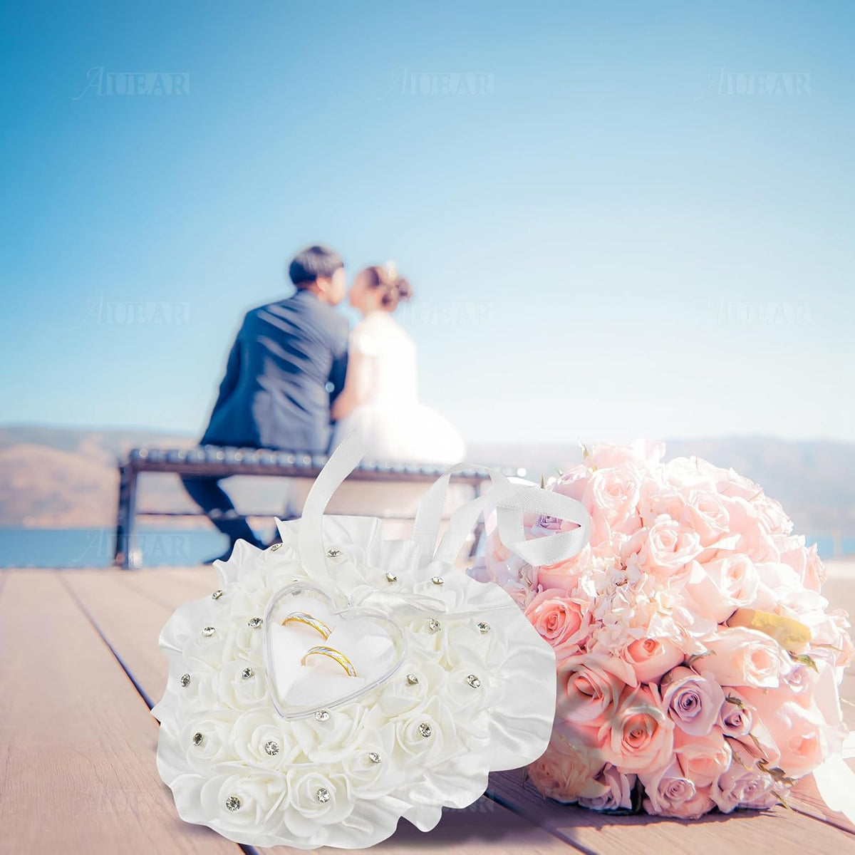 AUEAR, White Wedding Ring Holder Pillow Heart Shape Lace Rose Flower Rhinestone Crystal Box for