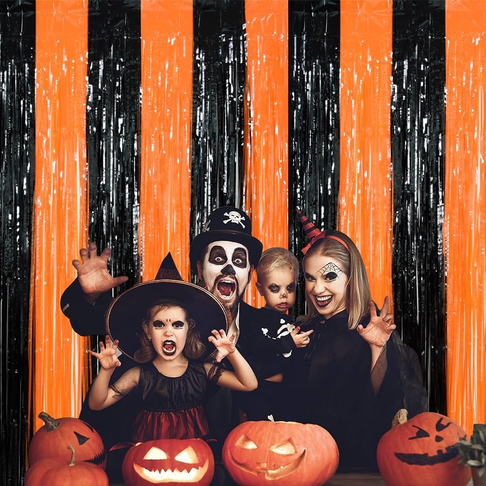 TONIFUL 2Pcs Black Orange Door Streamers,Photo Booth Backdrop Metallic Streamers Foil Fringe