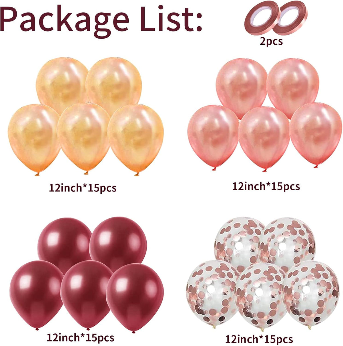 Balloons Burgundy Rose Gold, 60 Packs 12 Inches Wine Red Champagne Latex Balloon Rose Gold Confetti