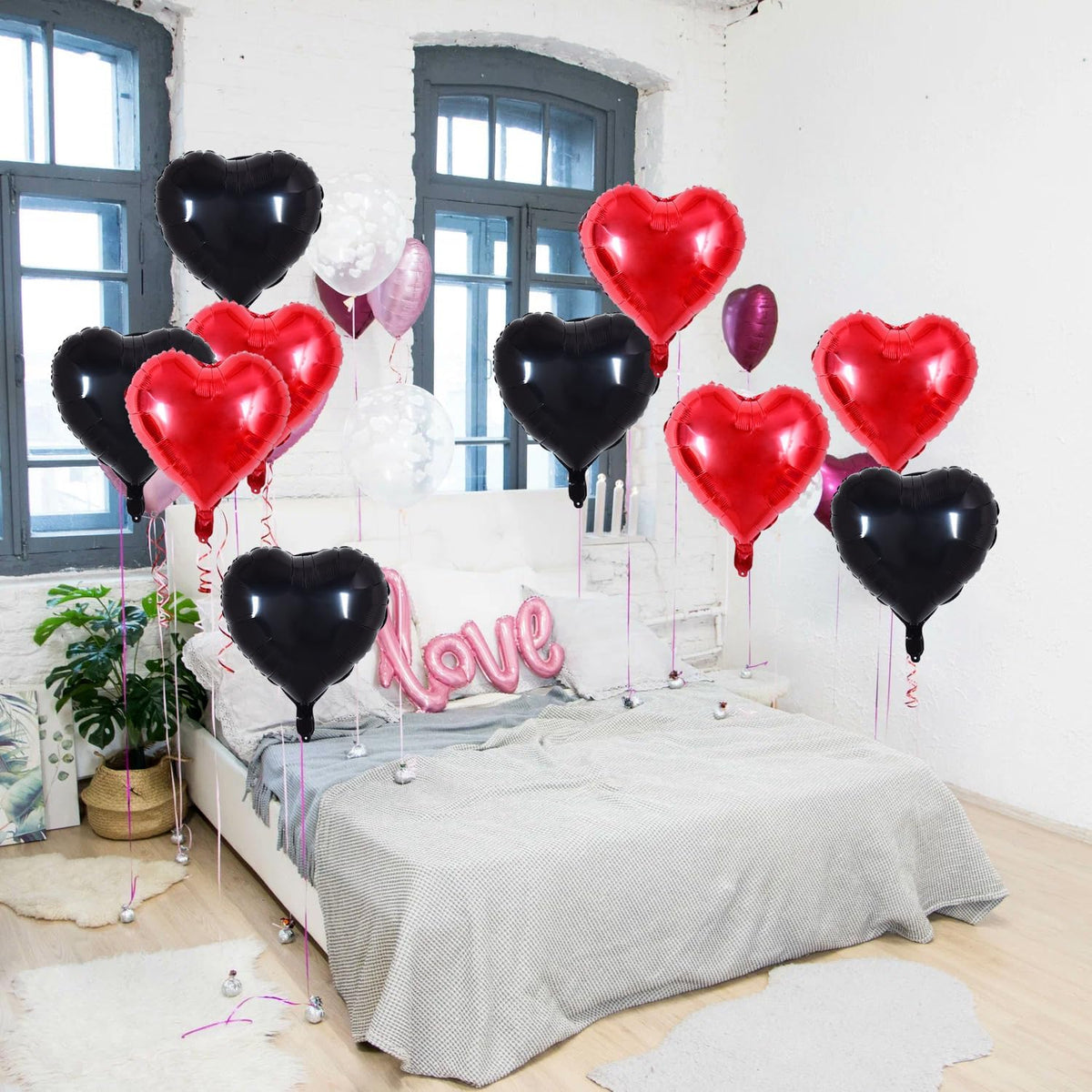 TONIFUL 30Pcs 18 Inch Red Black Heart Balloons Valentine’s Day Heart Shape Foil Mylar Balloons