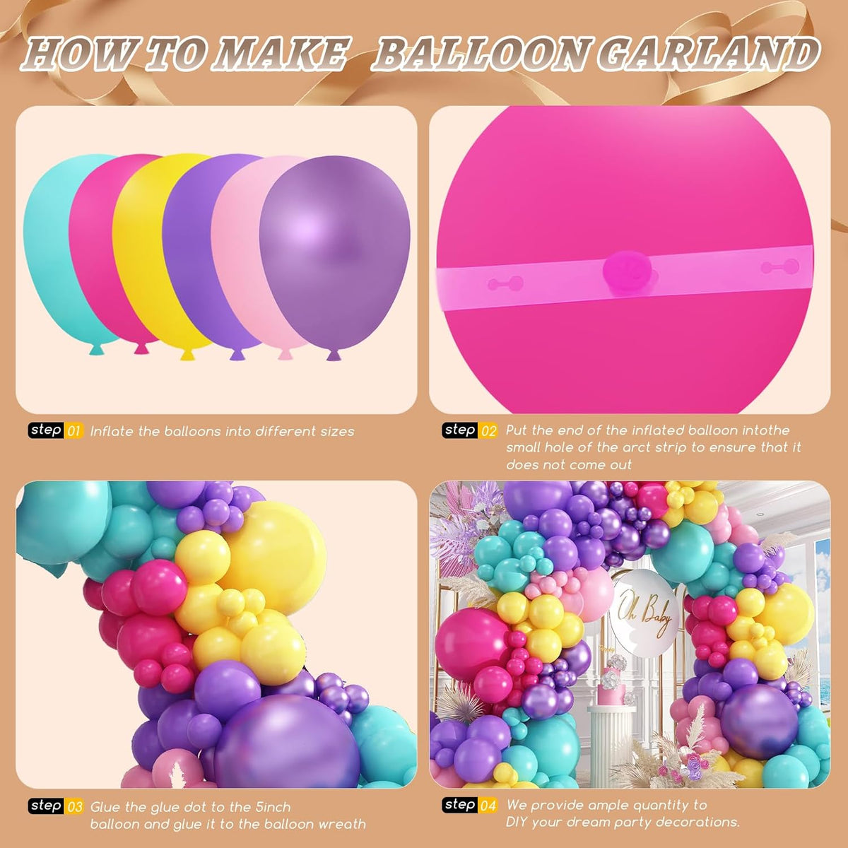 412pcs Purple Blue Pink Balloon Garland Arch Kit, 18 12 10 5 inch Different Sizes Hot Pink Metallic