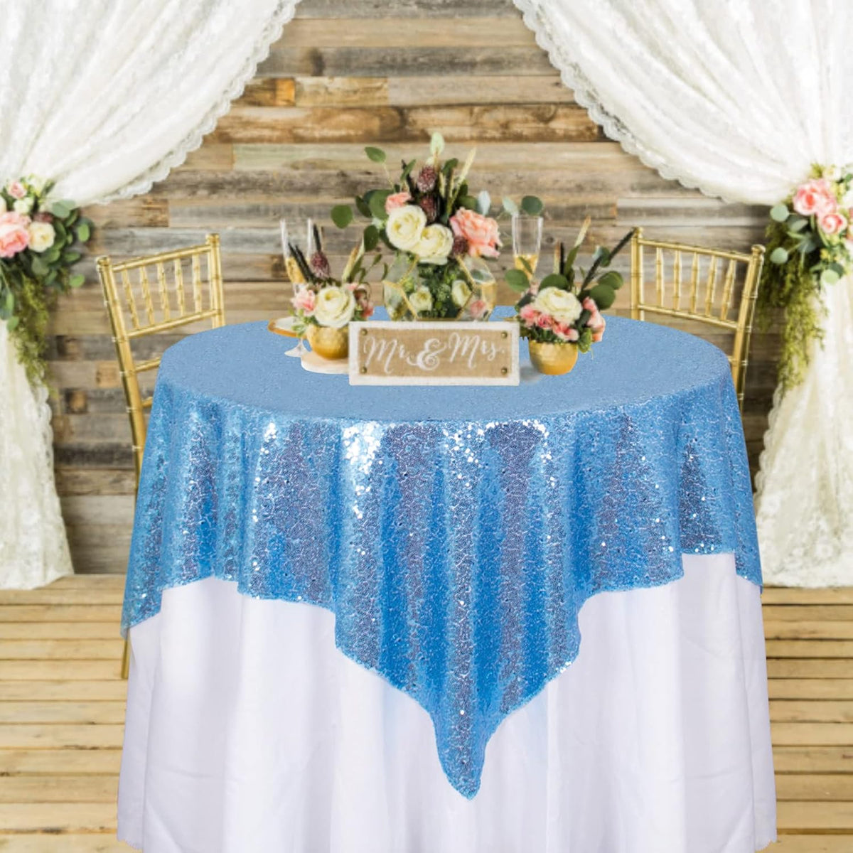 ShinyBeauty Small Tablecloth Square 36x36-Inch Baby Blue Sequin Tablecloth Glitter Table Cover