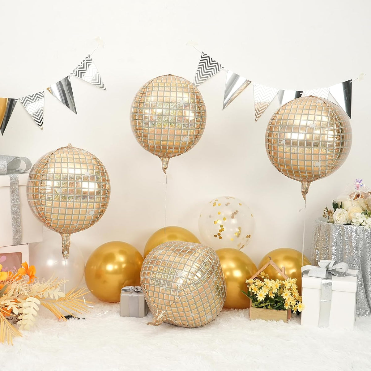 Disco Ball Balloons 4PC,Foil Disco Balloons 22 Inch 4D Round White Gold Balloon for 70s 80s