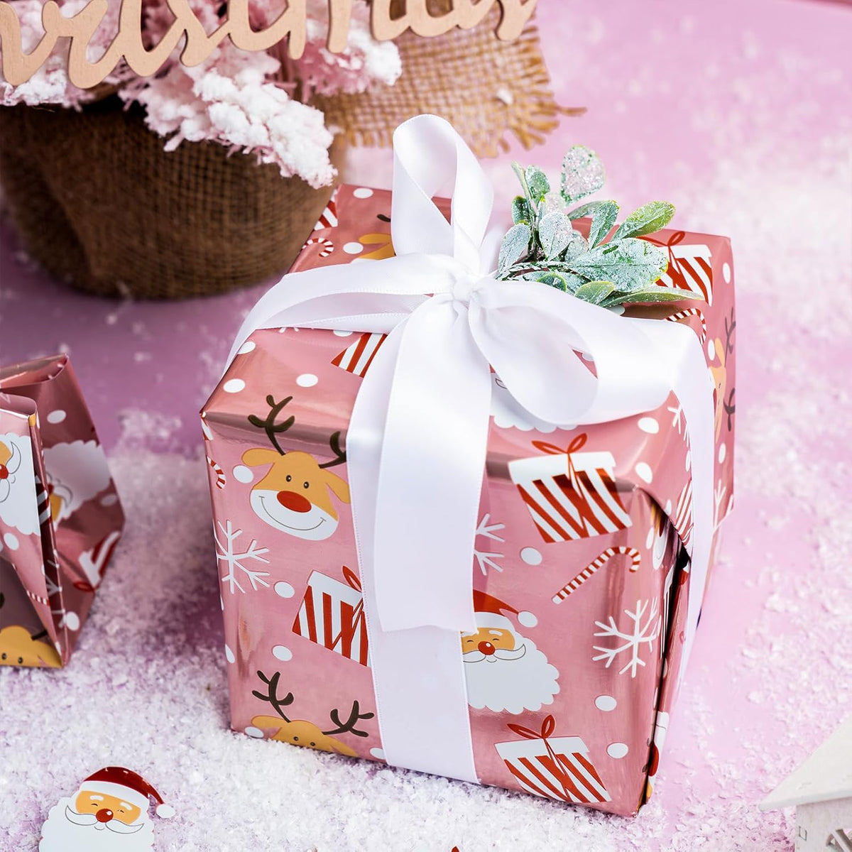 LeZakaa Christmas Pink Wrapping Paper Jumbo Roll, Santa Claus & Candy Cane, Metallic Foil, Rose