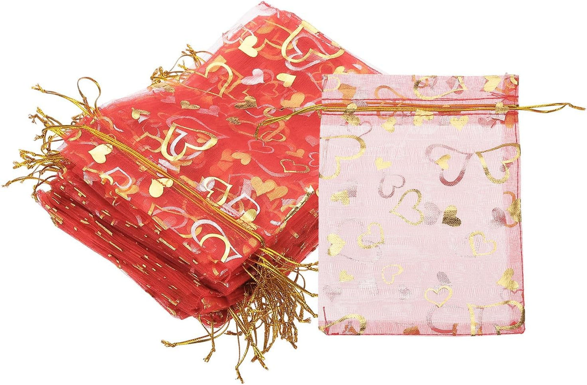 PATIKIL 100 Pcs 5x7 Inch Heart Printed Organza Bags, Red Sheer Heart Organza Bags with Drawstring