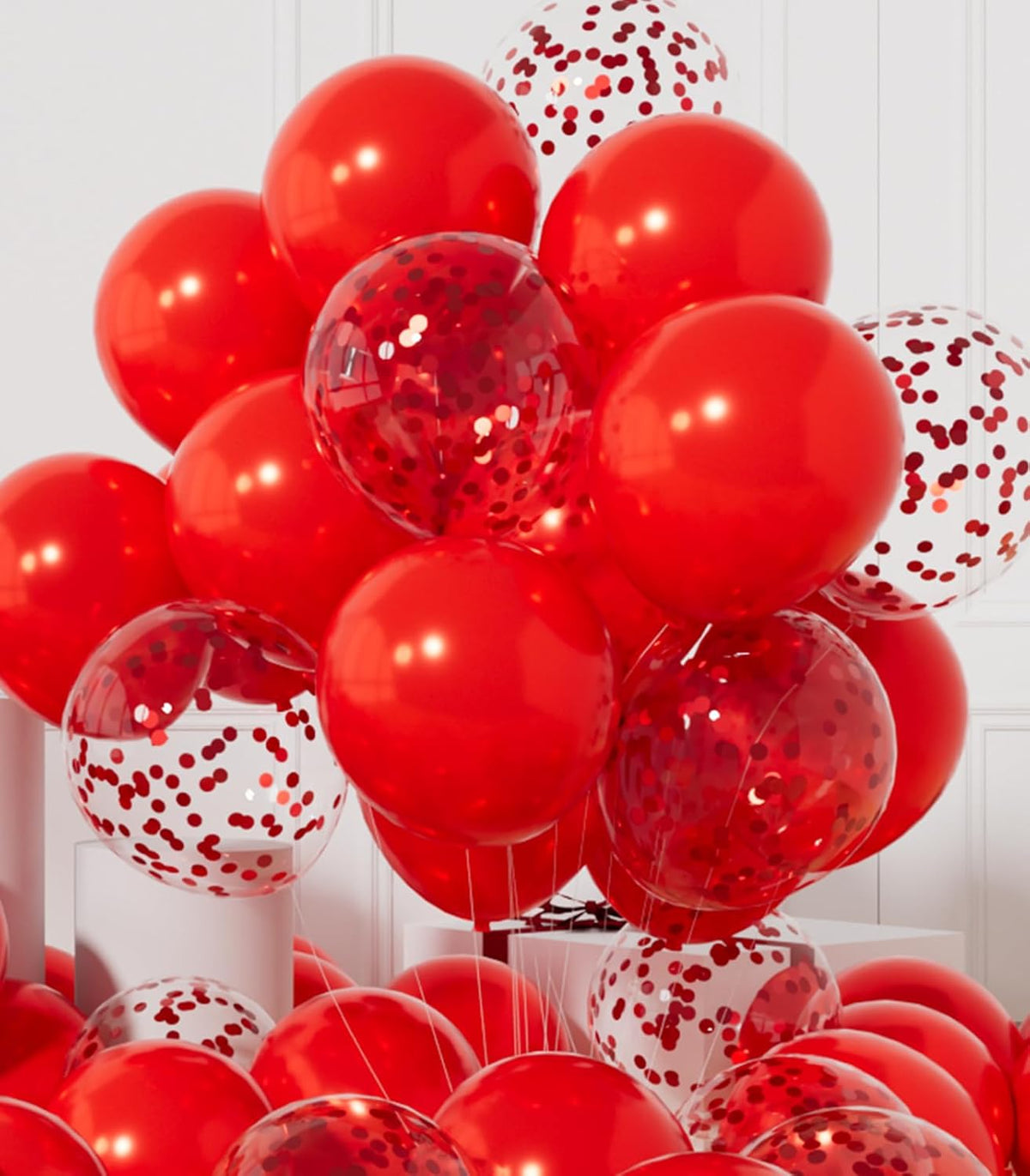 AULE Party Balloons Pack of 42-12in Red Confetti Balloons & Red Latex Balloons and 64ft Ribbons