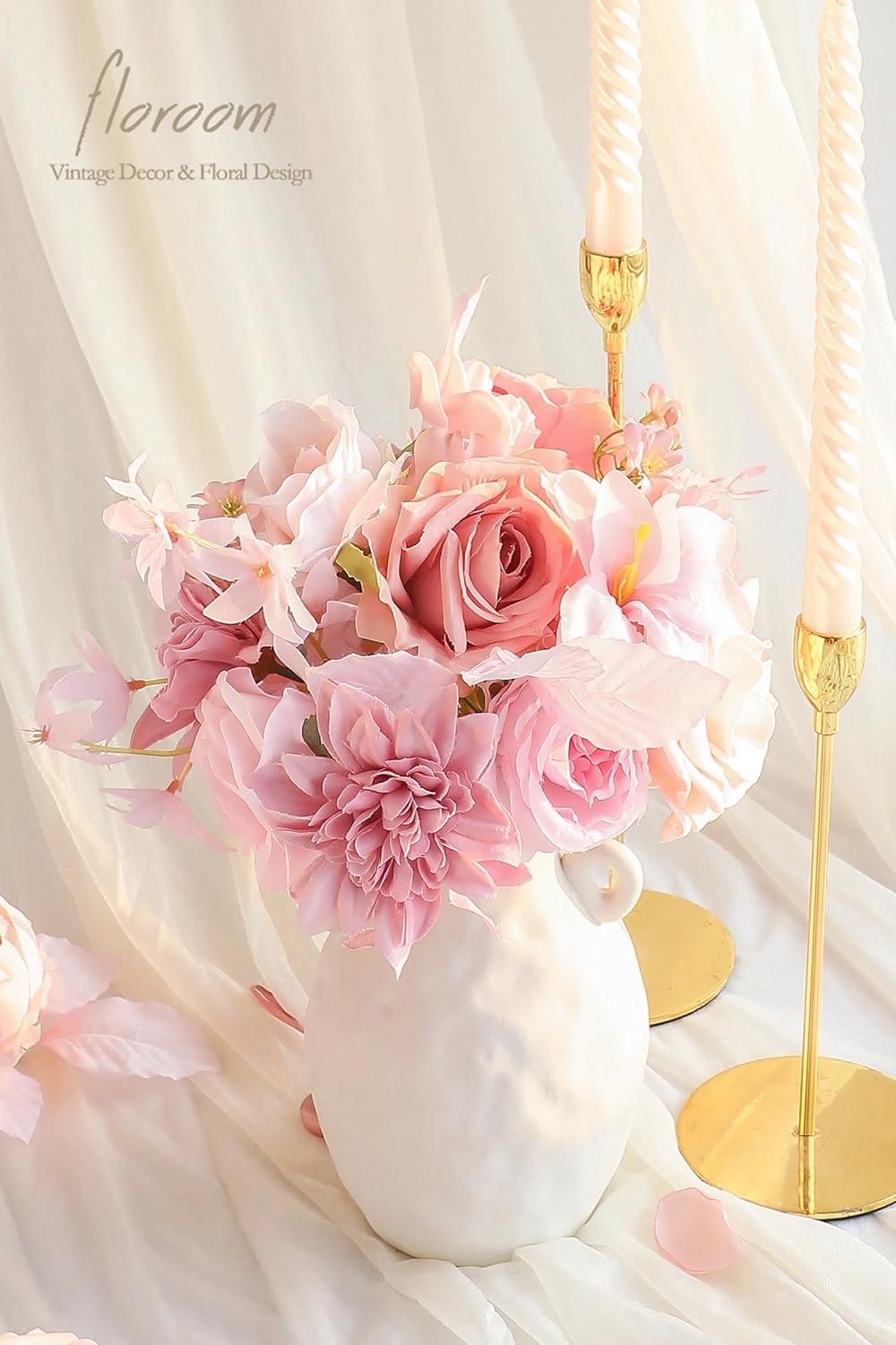Floroom Blush Pink Artificial Flowers Fake Roses Peonies Dahlias and Greenery Combo Box Set for DIY