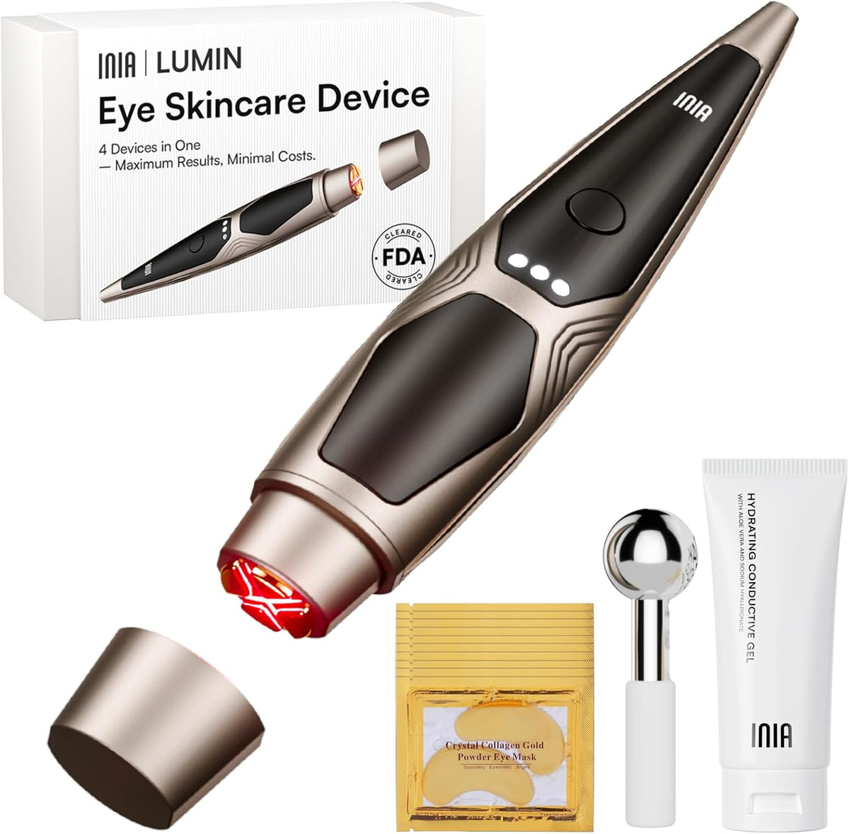 INIA Under-Eye Red Light Therapy for Face, 4-in-1 Beauty Device with Heat, Vibration, Massage & Red